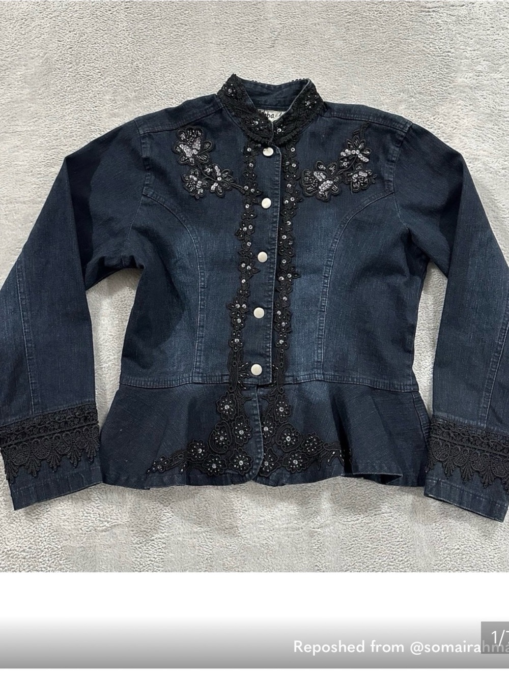 Embellished Dark Denim Jacket with Lace Trim